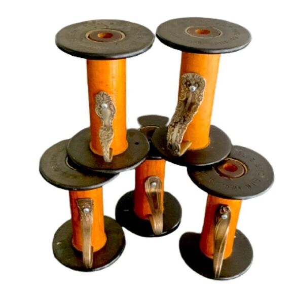 Set of 5 Vintage Wood Spool Candleholders – 1930s Blue Bird Silk Co. Repurposed - Picture 3 of 12